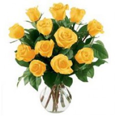 Beautiful 12 Yellow Roses in a Vase with Burst Of Joy